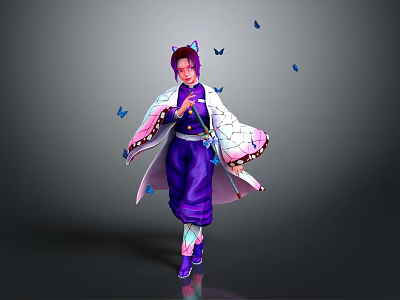 Magical Character In Purple Outfit With Bow Accents And Blue Butterflies Flying Around 3d model