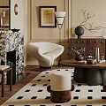 Elegant Living Room Interior With Decorative Paneled Walls Chandelier Fireplace Beige Sofa And Geometric Rug