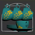 Turquoise Teacups And Saucers With Yellow Flower Patterns On Metal Rack