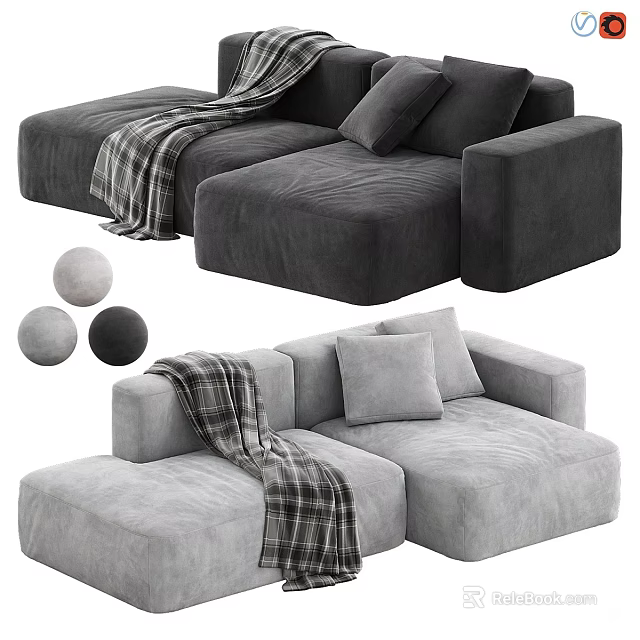 Gray Modular Sectional Sofa with Velvet Upholstery Throw Blanket and Decorative Pillows 3d model 