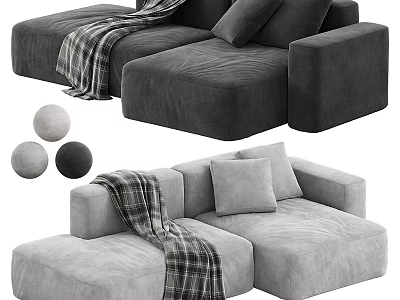 Gray Modular Sectional Sofa with Velvet Upholstery Throw Blanket and Decorative Pillows 3d model