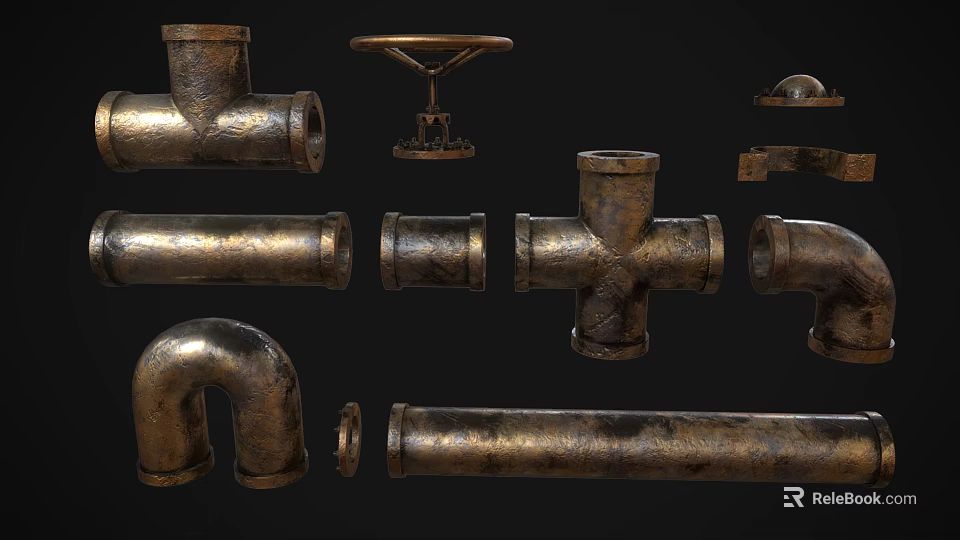 Vintage Brass Faucet Components With Rustic Metal Pipe Fittings And Textured Surfaces 3d model 