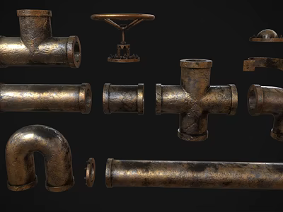 Vintage Brass Faucet Components With Rustic Metal Pipe Fittings And Textured Surfaces 3d model
