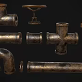 Vintage Brass Faucet Components With Rustic Metal Pipe Fittings And Textured Surfaces