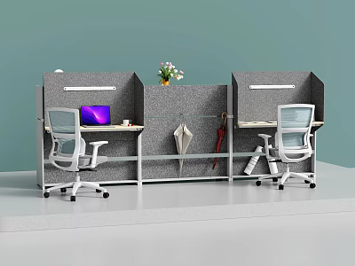 Modern Office Workstations With Dividers Laptop Chair Flower Arrangement And Umbrella 3d model