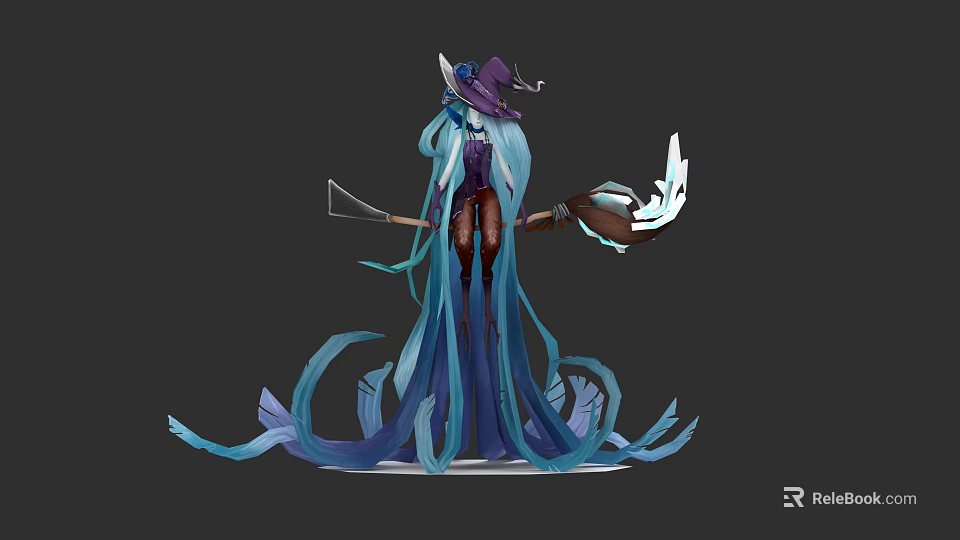 Woman with long blue hair wearing witch hat and flowing robe holding magical staff 3d model 