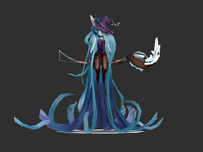 Woman with long blue hair wearing witch hat and flowing robe holding magical staff 3d model