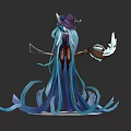 Woman with long blue hair wearing witch hat and flowing robe holding magical staff