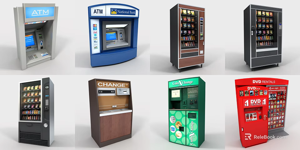 Modern Commercial Equipment Including ATM Vending Machines Change Machines and Payment Kiosks 3d model 