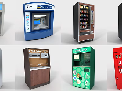 Modern Commercial Equipment Including ATM Vending Machines Change Machines and Payment Kiosks 3d model