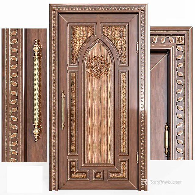 Luxurious Wooden Swing Door With Intricate Carvings And Gold Handles Design 3d model 