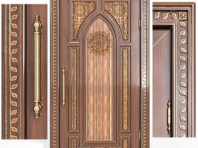 Luxurious Wooden Swing Door With Intricate Carvings And Gold Handles Design 3d model