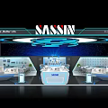 MASSIN Exhibition Booth With Modern Blue Circular Lighting And Battery Product Display Counters