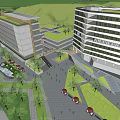 Modern Sales Office Building With Glass Curtain Wall Sleek Lines Water Pool And Pedestrians Exterior