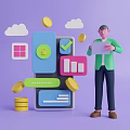 Individual Holding Tablet Near Large Smartphone With Security Lock Data Charts Gold Coins And Clouds