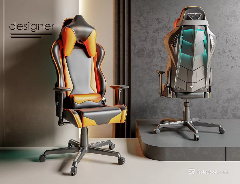 Designer Office Chair Black Orange Leather And Gray With Green Lighting In Modern Display Stand 3d model 