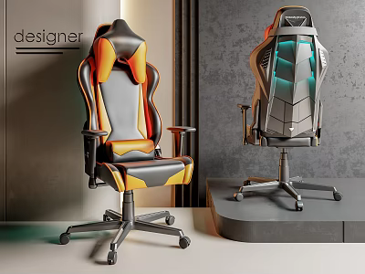 Designer Office Chair Black Orange Leather And Gray With Green Lighting In Modern Display Stand 3d model