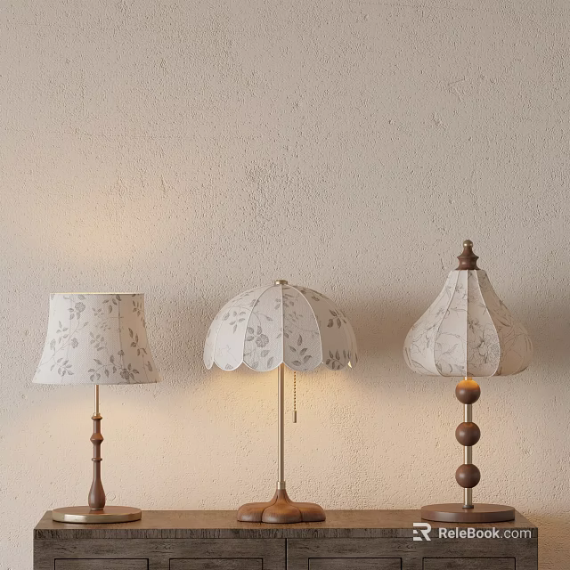 Three Table Lamps With Floral Patterned Shades On Beige Textured Wall 3d model 