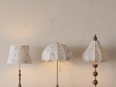 Three Table Lamps With Floral Patterned Shades On Beige Textured Wall 3d model