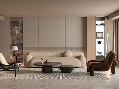 Contemporary Living Room Interior With Neutral Sofa Round Coffee Table Textured Rug And Wall Art 3d model