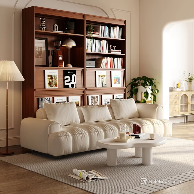 Elegant Modern Wooden Bookcase in Living Room with Books and Decorative Items 3d model 