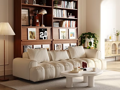 Elegant Modern Wooden Bookcase in Living Room with Books and Decorative Items 3d model