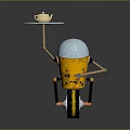 Unique Robot With Yellow Body Holding Gold Teapot On Blue Tray