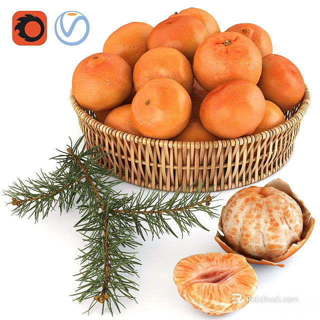 Fresh Tangerines in Wicker Basket with Pine Branch and Peeled Fruit 3d model 