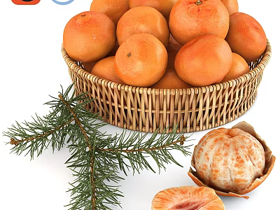 Fresh Tangerines in Wicker Basket with Pine Branch and Peeled Fruit 3d model