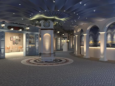 Stylish Restaurant Interior Featuring Arched Doorways Circular Tiled Floor Central Column And Mural Decor 3d model