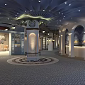 Stylish Restaurant Interior Featuring Arched Doorways Circular Tiled Floor Central Column And Mural Decor