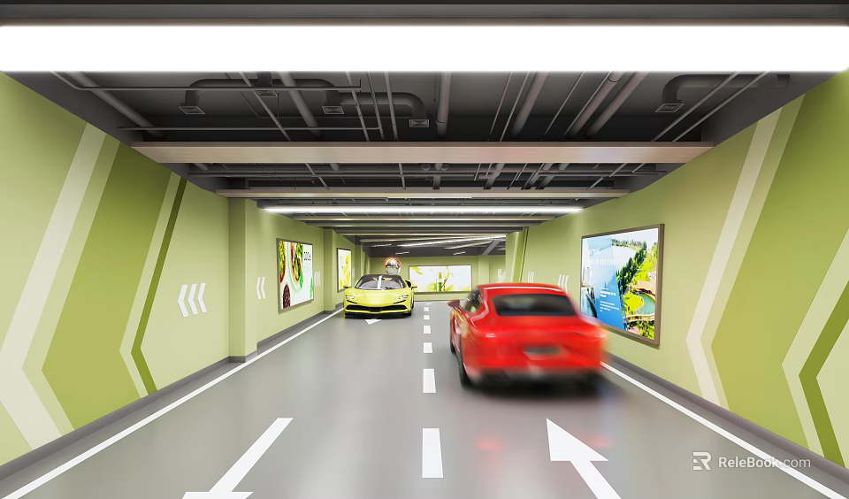 Modern Parking Garage With Green Walls Wall Paintings Directional Arrows Yellow And Red Cars 3d model 