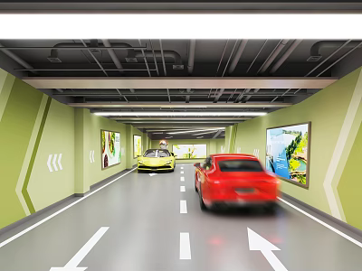 Modern Parking Garage With Green Walls Wall Paintings Directional Arrows Yellow And Red Cars 3d model