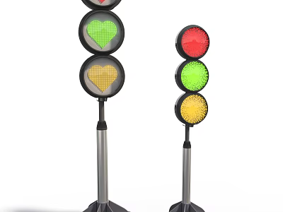 Outdoor Traffic Lights With Heart Shaped Green And Round Red Yellow Lamps 3d model
