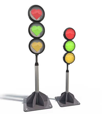 Outdoor Traffic Lights With Heart Shaped Green And Round Red Yellow Lamps 3d model