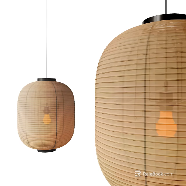 Japanese Style Beige Paper Pendant Lamp With Striped Design And Warm Light Bulb 3d model 