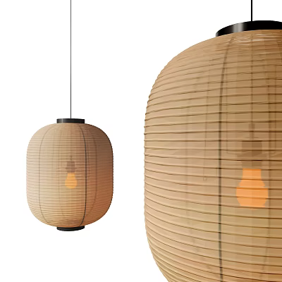 Japanese Style Beige Paper Pendant Lamp With Striped Design And Warm Light Bulb 3d model