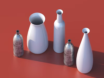 Different Shaped White And Textured Gray Vases On Red Background 3d model