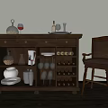 Classic Wooden Sideboard With Wine Bottles Glasses Tableware And Leather Chair