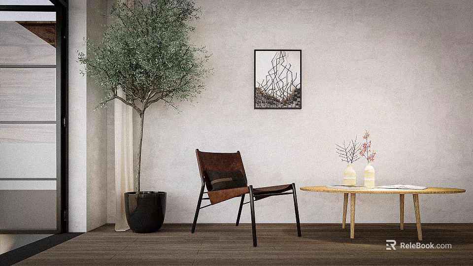 Leisure Chair in Interior with Large Green Plant Black Pot Abstract Wall Art Wooden Table and Vases 3d model 