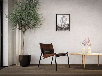 Leisure Chair in Interior with Large Green Plant Black Pot Abstract Wall Art Wooden Table and Vases 3d model