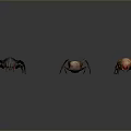 Three Colorful Spider Like Creatures With Black Purple Orange Hues And Glowing Bodies