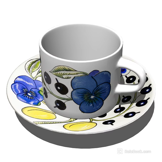 Decorative Ceramic Cup With Saucer Featuring Blue Flowers Black Berries And Yellow Accents 3d model 