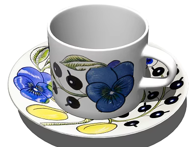 Decorative Ceramic Cup With Saucer Featuring Blue Flowers Black Berries And Yellow Accents 3d model