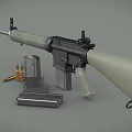 Military Rifle With Green Stock Black Components Magazines And Bullets On Gray Surface