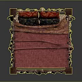 Carved Wooden Four Poster Bed With Red Bedspread And Beige Canopy Drapes