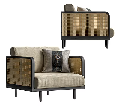 Rattan Design Leisure Chair With Beige Cushion Black Frame And Decorative Pillow 3d model