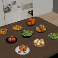 Various Fresh Fruits Arranged In Bowls And Plates On Wooden Table