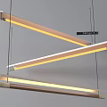 Three Modern Linear Pendant Lights With Warm Light And Wooden Metallic Strips Design