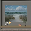 Beach Landscape Painting With Rolling Waves Wooden Fence Sand Dunes Blue Sky And White Clouds